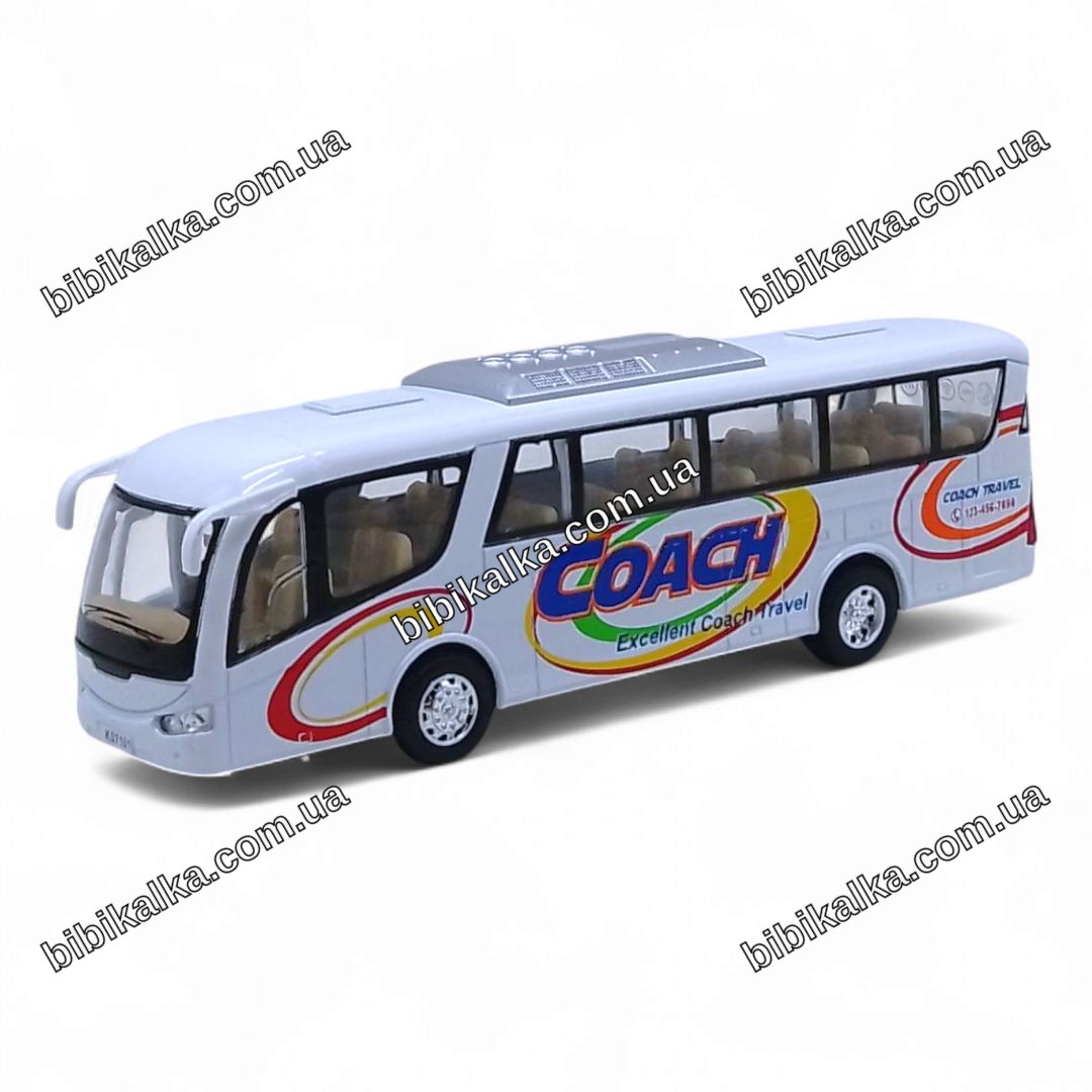 Інерційний автобус Coach білий металевий з відчинними дверима, довжина 17,5 см, вага 230 г для дітей