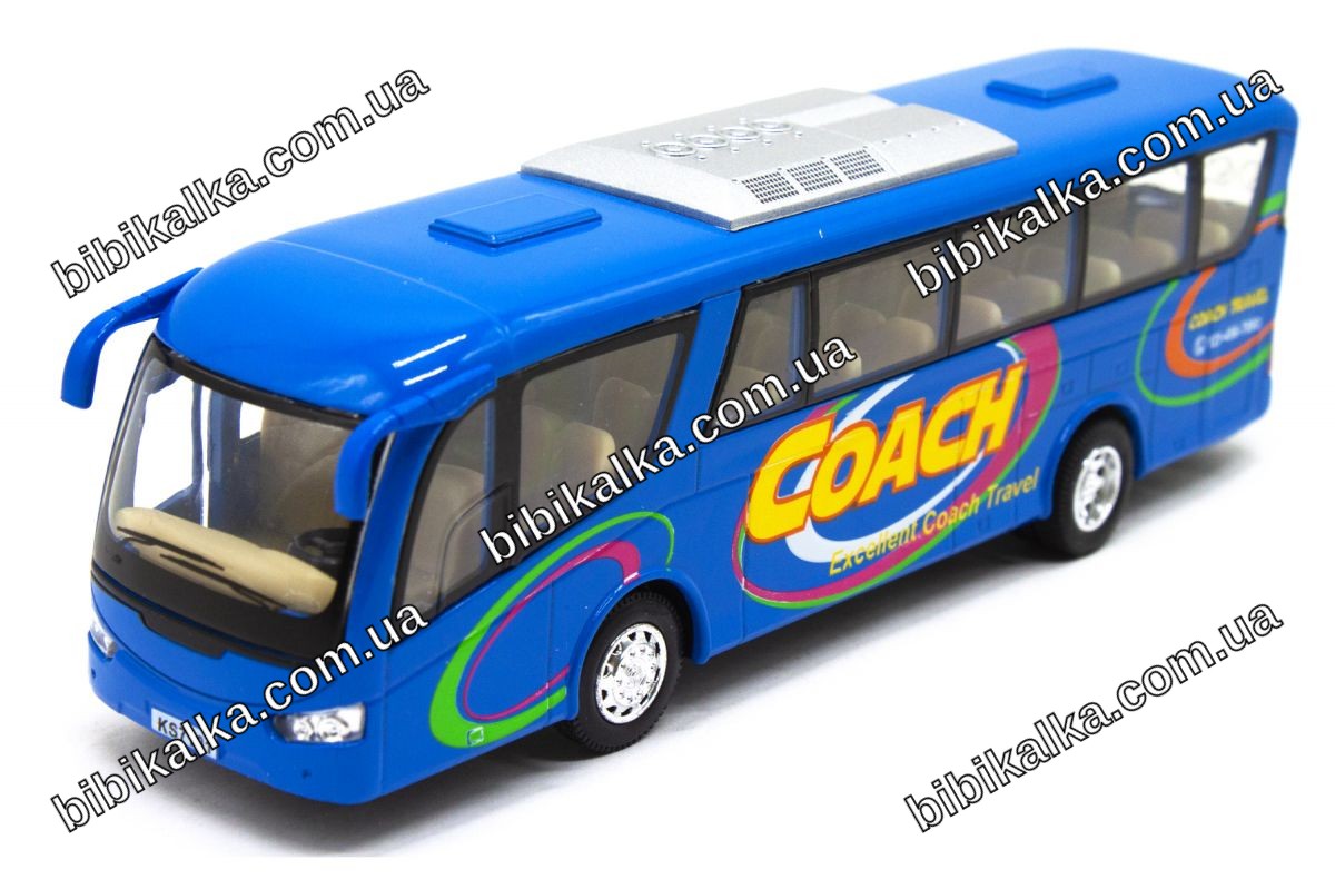 Инерционный автобус Coach синий Kinsmart металлическая модель 12.5 x 20 x 5 см с открывающимися дверями для детей