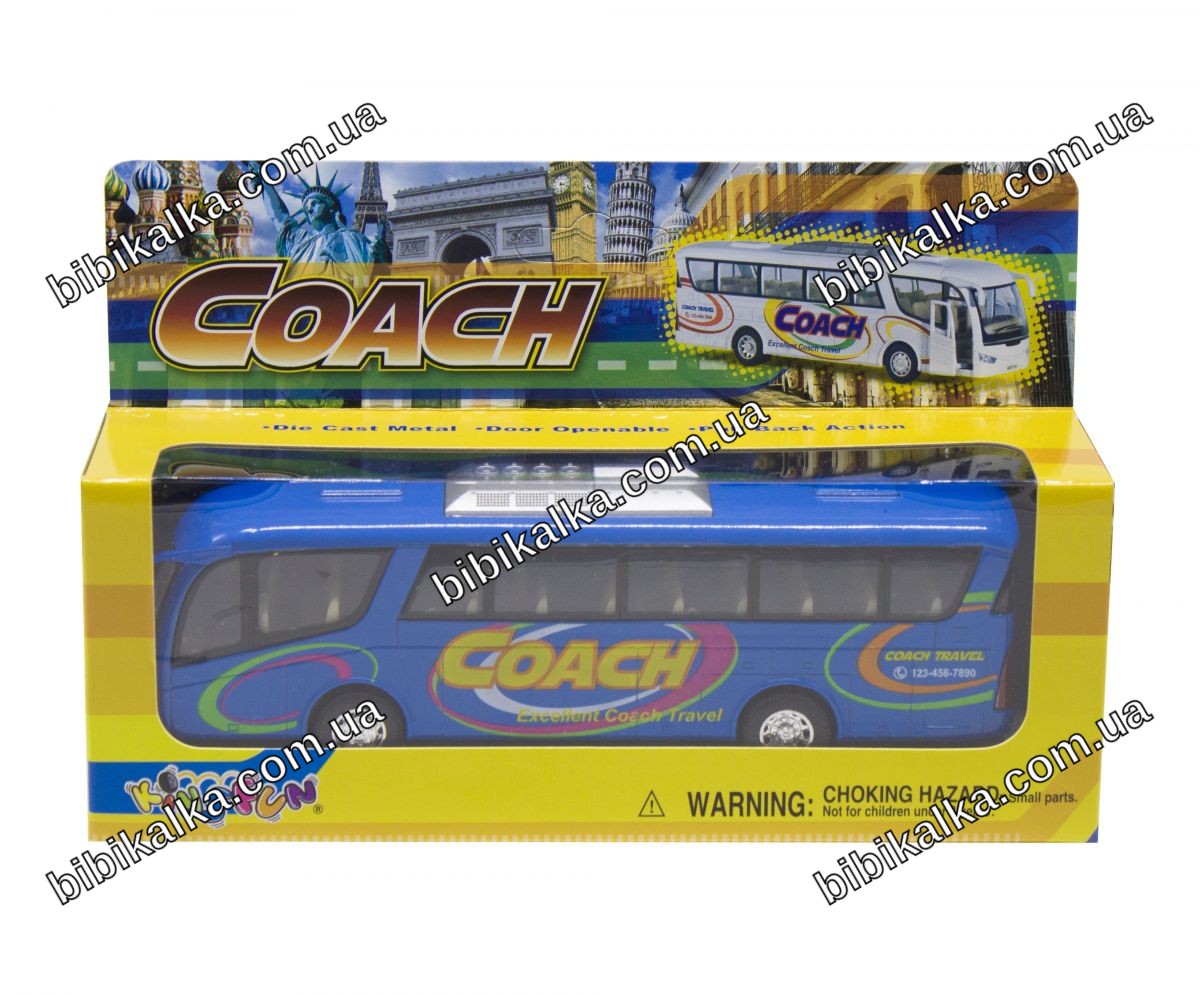 Инерционный автобус Coach синий Kinsmart металлическая модель 12.5 x 20 x 5 см с открывающимися дверями для детей