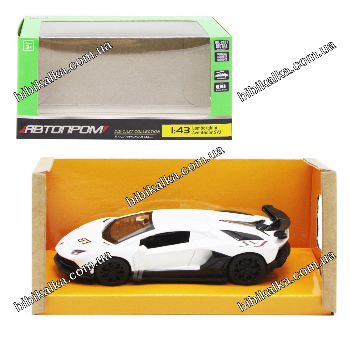 Машинка Lamborghini Aventador SVJ металева інерційна масштаб 1:43 біла з відкривними дверима для дітей від 3 років