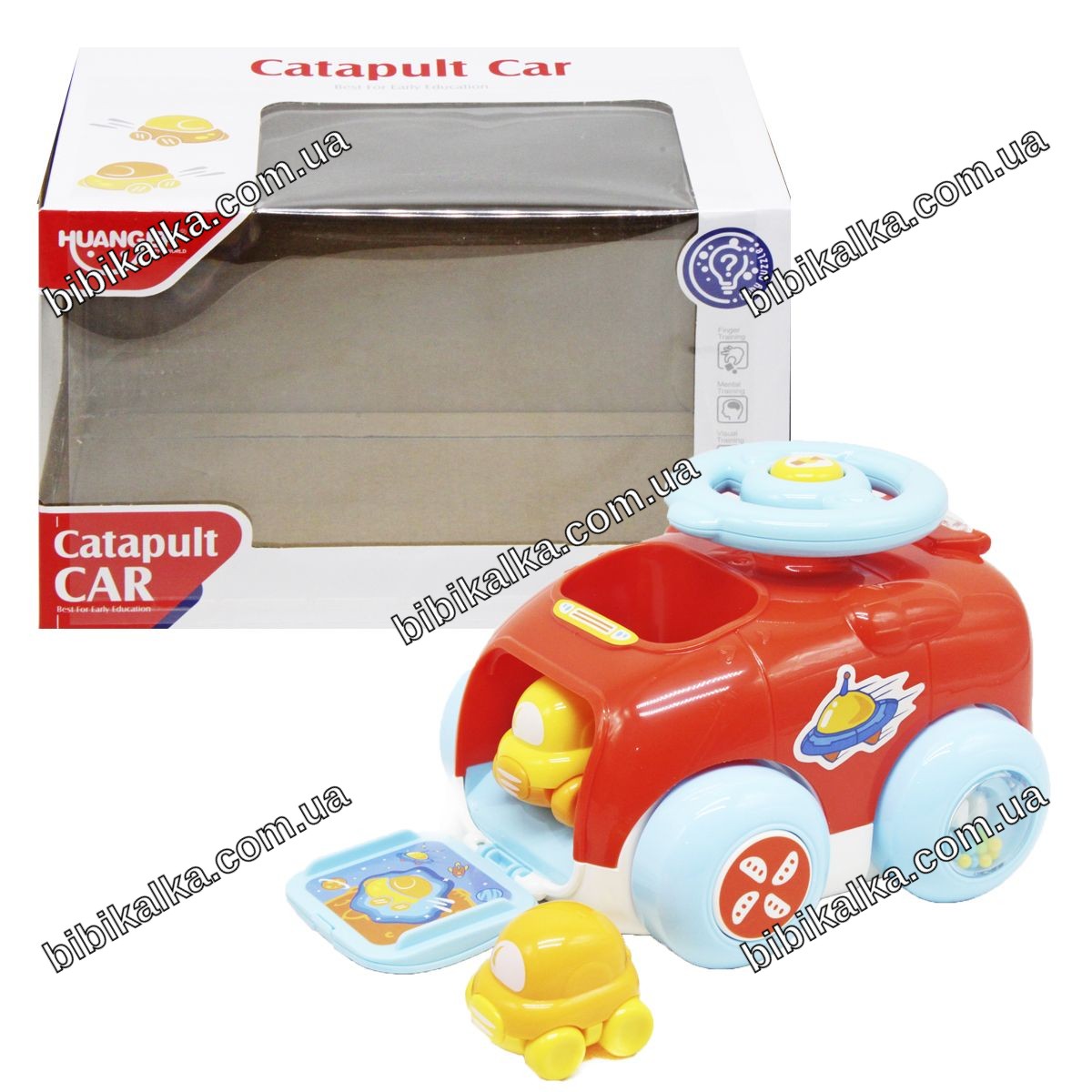 Пластиковая машинка-катапульта Catapult Car от HUANGER с кнопкой запуска, колёсами-погремушками и 2 машинками в комплекте для детей