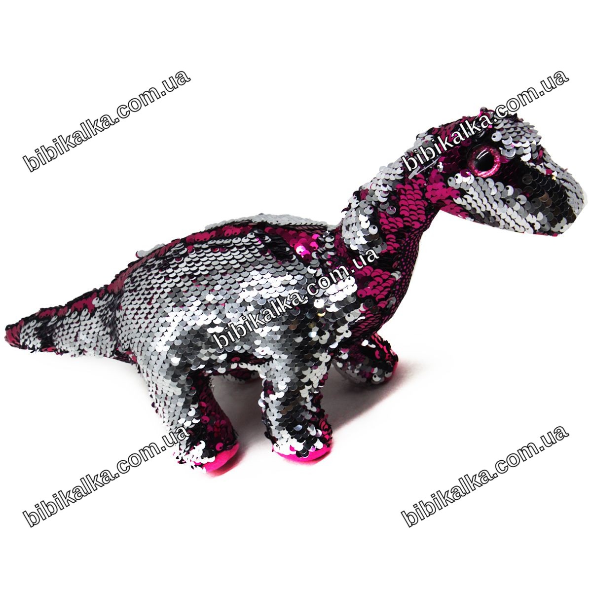 Мягкая игрушка Дино малиновая плюшевый динозаврик с блёстками размером 26х9х37 см для детей от 3 лет