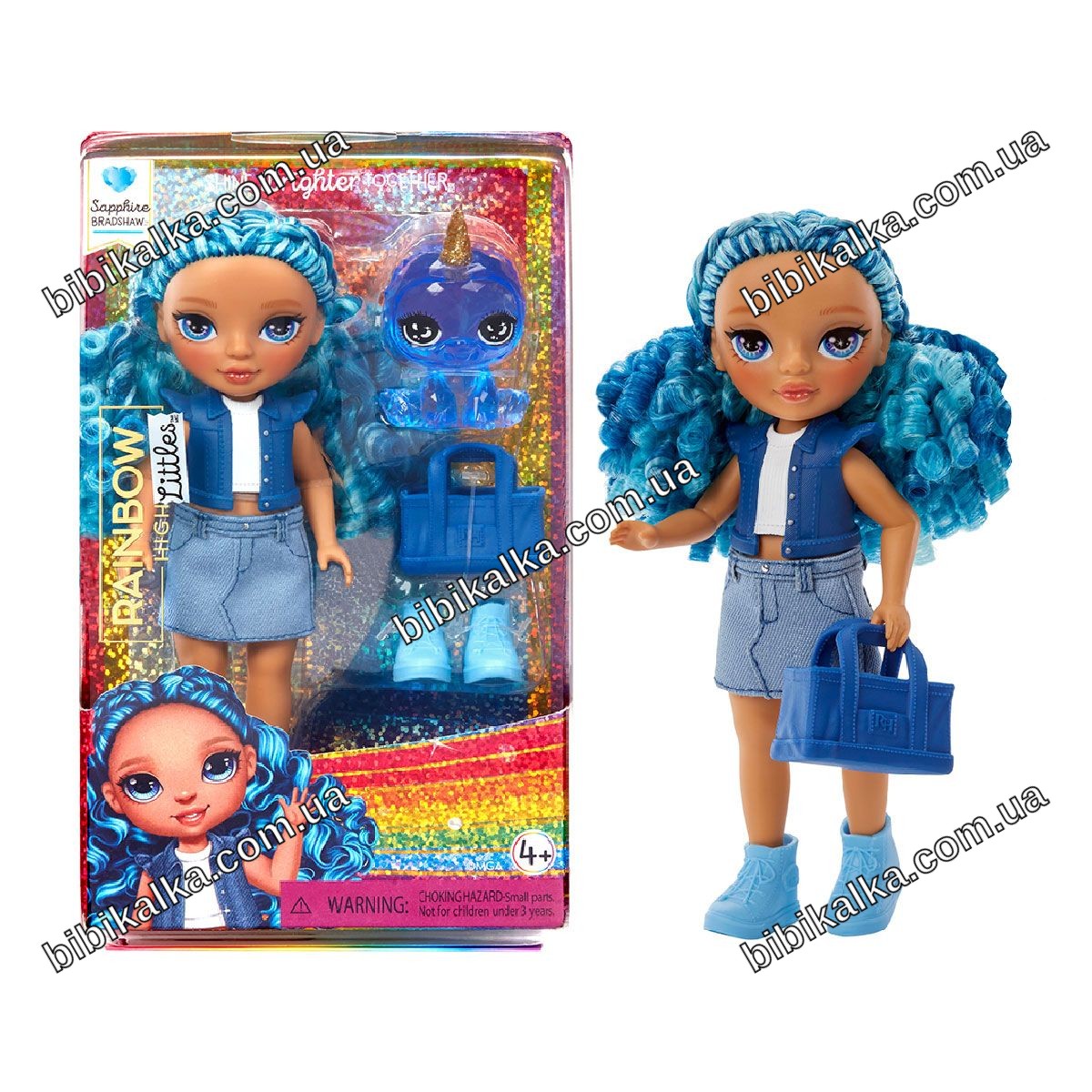 Кукла Rainbow High Littles Сапфира 15 см с синими волосами и питомцем с эффектом кристалла для детей от 4 лет