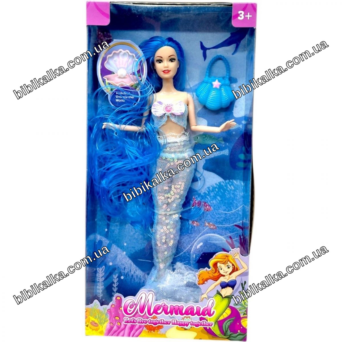 Кукла русалка Mermaid 30 см голубая с длинными волосами и детализированным хвостом для детей от 3 лет, для игр и подарка