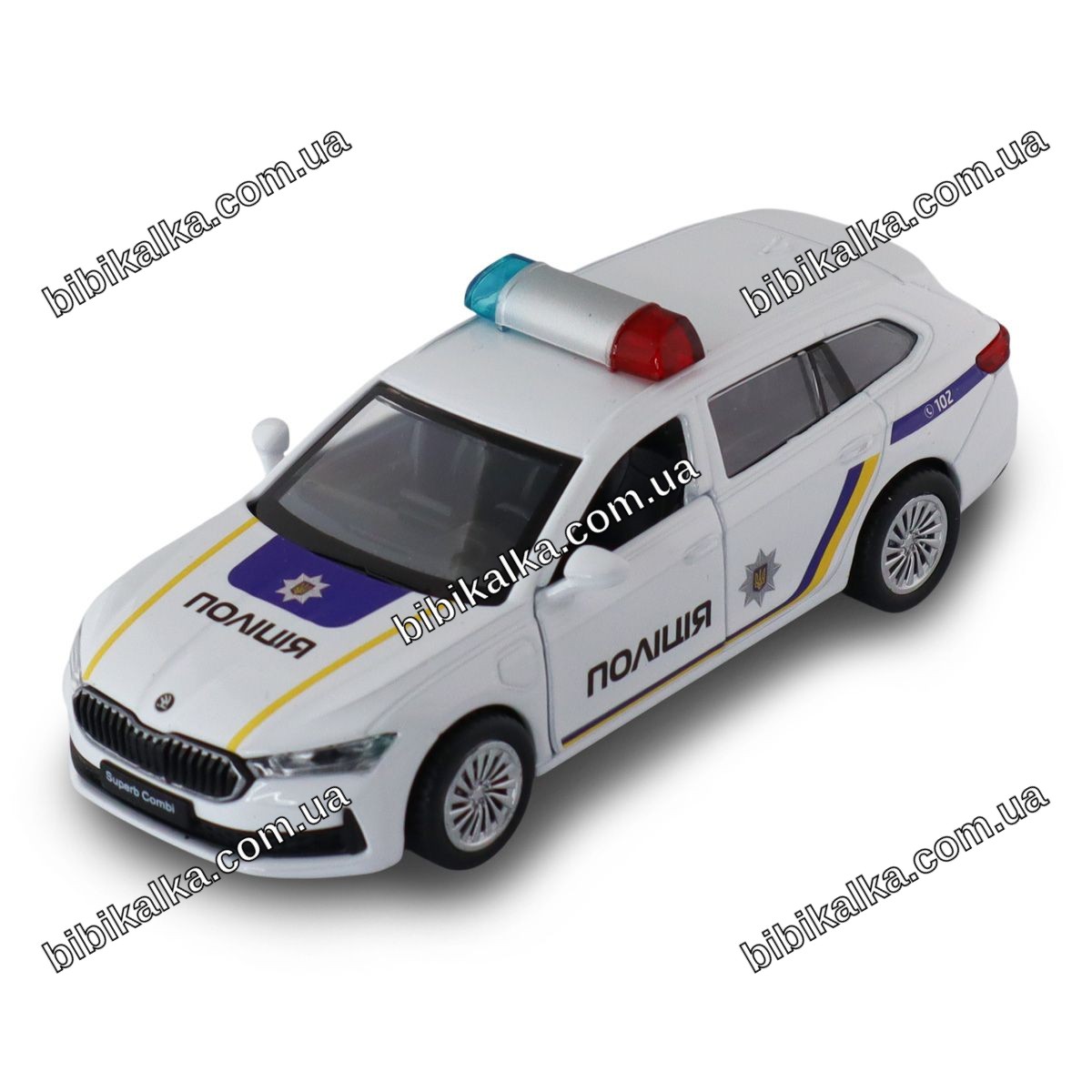 Автомодель Skoda Superb Combi IV у поліцейському виконанні, металевий корпус, білий колір, компактний формат для гри та колекціонування