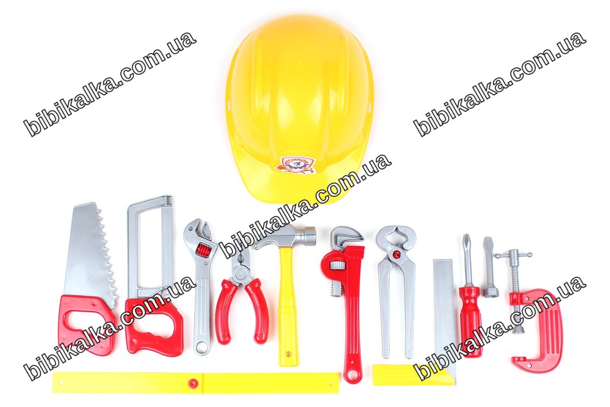 Набір інструментів Tools Set з 11 пластикових інструментів та каскою для юного механіка, різнобарвний