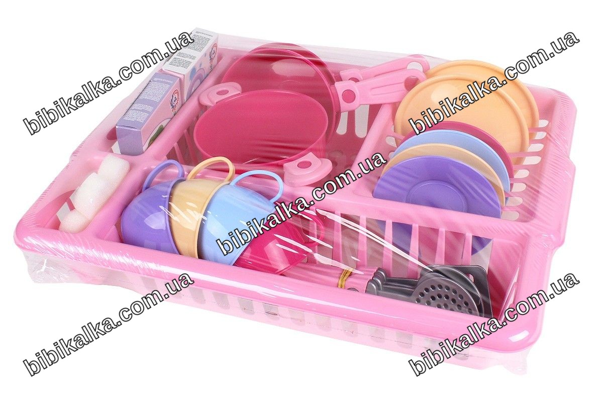 Ігровий кухонний набір ТехноК Kitchen Set рожевий з 17 предметів: сушка, каструля, сотейник, сковорідка, посуд і чашки для сюжетно-рольових ігор дітей