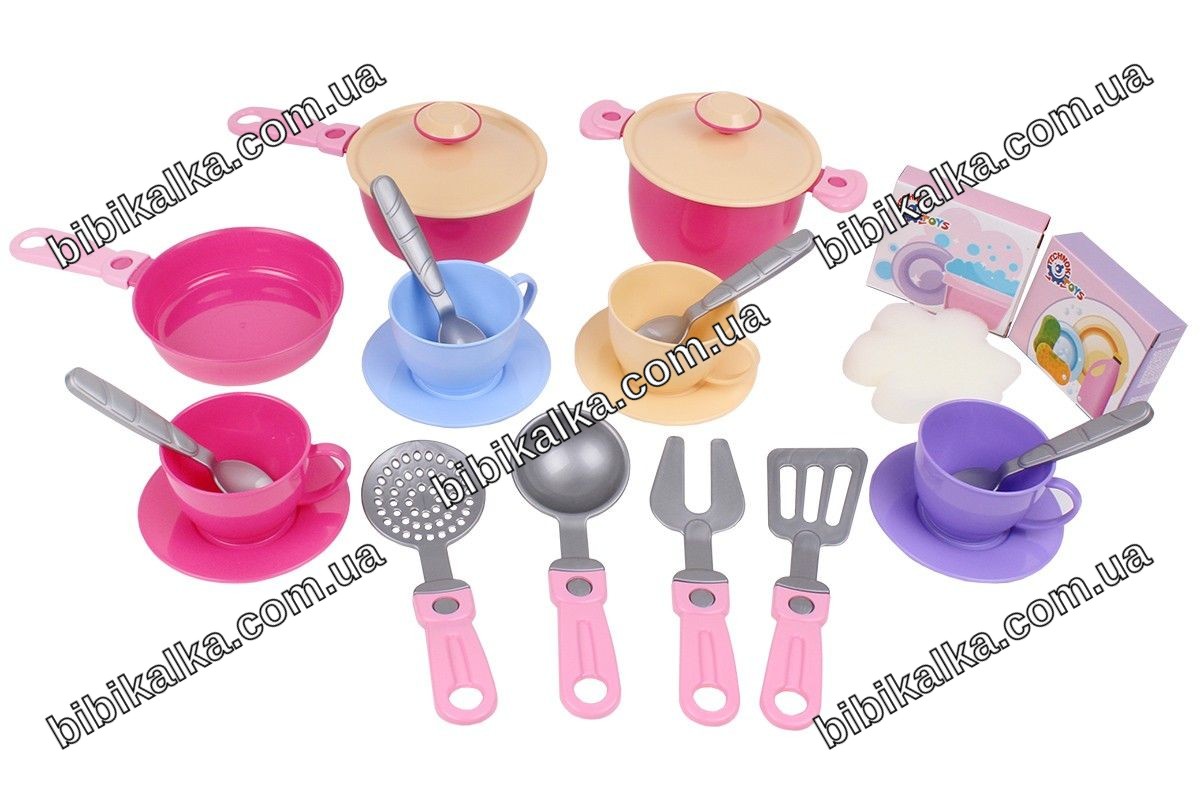 Ігровий кухонний набір ТехноК Kitchen Set рожевий з 17 предметів: сушка, каструля, сотейник, сковорідка, посуд і чашки для сюжетно-рольових ігор дітей